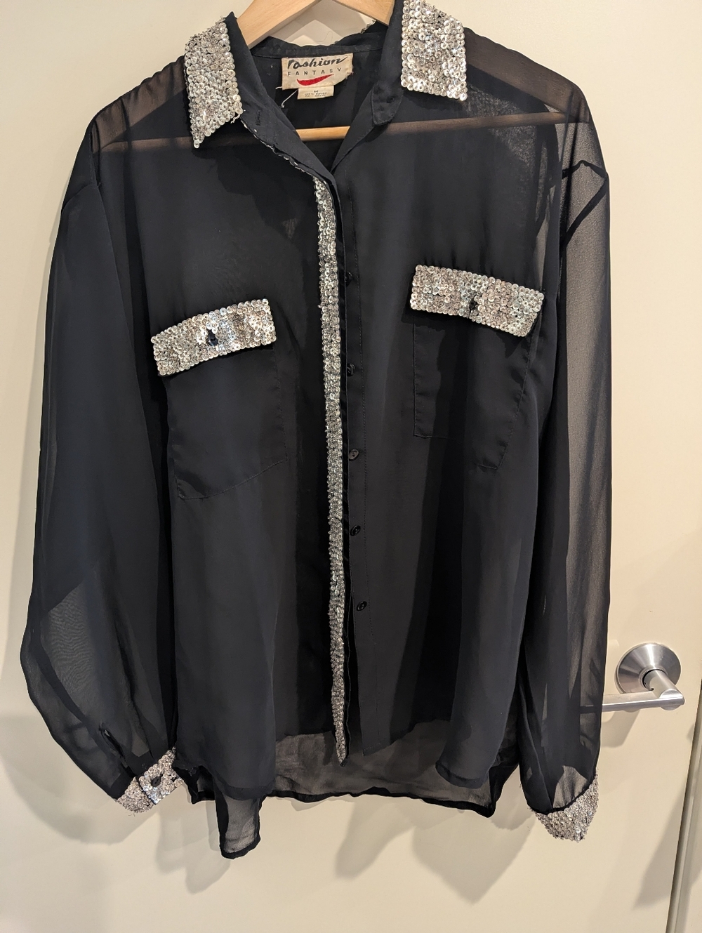 Sheer Black Sequin-Trim Button-Up Blouse